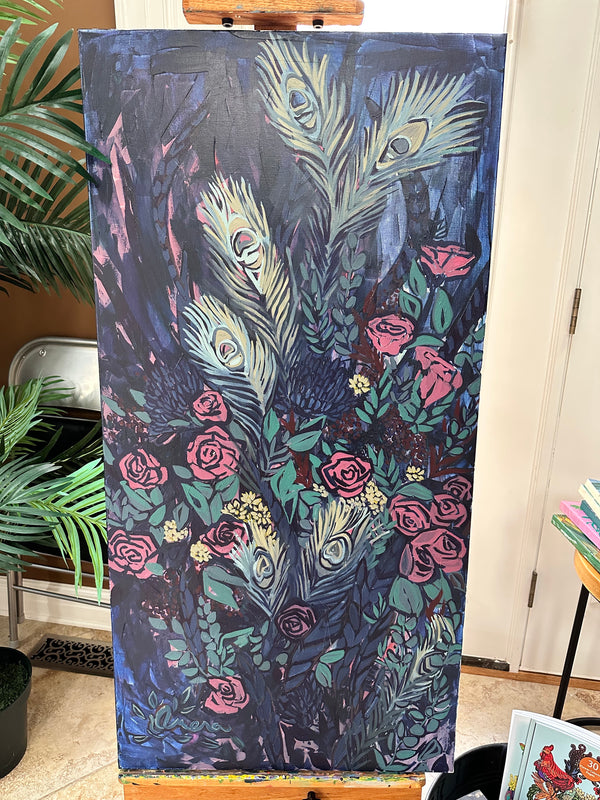 Peacock Feathers and Roses Art Painting